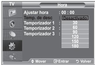 TV Hora Ajustar hora : 00 : 00 Temp. de desc : Desactivado Temporizador 1 : 30 Temporizador 2 : 60 Temporizador 3 : 90 Temporizador 4 : 120 Temporizador 5 : 150 Temporizador 6 : 180 Mover Entrar Volver