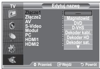 TV Złącze1 Złącze2 AV S-Video Moduł PC HDMI1 HDMI2 Edytuj nazwę : Magnetowid DVD D-VHS Dekoder kabl. Dekoder HD Dekoder sat. Przenies Wejdź Powrót
