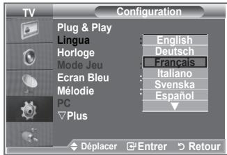 TV Configuration Plug & Play Lingua Horloge Mode Jeu Ecran Bleu Mélodie PC Plus English Deutsch Français Italiano Svenska Español Déplacer Entrer Retour