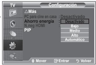 TV Más PC para cine en casa : Desactivado Ahorro energía : Desactivado N-neg HDMI : Bajo PIP Medio Alto Automático Mover Entrar Volver
