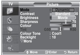 TV Picture Mode : Dynamic Contrast Standard 00 Brightness Movie 0 Sharpness 75 Colour 55 Tint G50 R50 Colour Tone : Cool1 Backlight : 10 More Move Enter Return