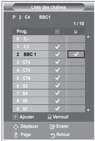 Liste des chaînes P 2 C4 BBC1 1 / 10 Prog. 0 C-- 1 C3 ✓ 2 BBC 1 ✓ ✓ 3 C74 ✓ 4 C75 ✓ 5 C76 ✓ 6 S3 ✓ 7 S4 ✓ 8 S6 ✓ 9 S7 ✓ + Ajouter Verrouil → Déplacer Enterr → Page Retour