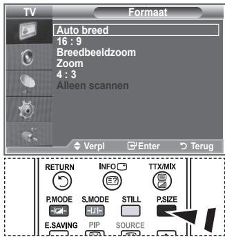 TV Auto breed 16 : 9 Breedbeeldzoom Zoom 4 : 3 Alleen scannen Verpl Enter Terug RETURN INFO TTX/MIX P.MODE S.MODE STILL P.SIZE E.SAVING PIP SOURCE