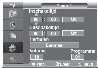 TV Timer 1 Inschakeltijd 00 : 00 Uit Uitschakeltijd 00 : 00 Uit Herhalen Eenmaal Volume 10 Programma 01 Verpl Enter Terug
