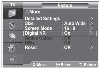TV Picture △More Detailed Settings Size : Auto Wide Screen Mode : 16:9 Digital NR : On Active Colour : Off DNle : Off Reset : OK Move Enter Return