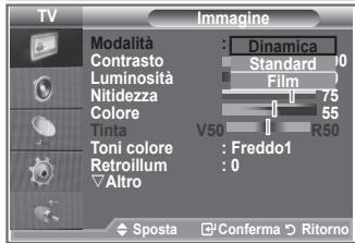 TV Imagine Modalità : Dinamica Contrasto Standard 10 Luminosità Film Nitidezza 75 Colore 55 Tinta V50 R50 Toni colore : Freddo1 Retroillum : 0 Altro Sposta Conferma Ritorno