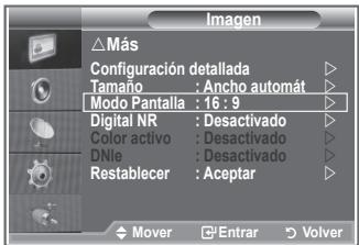 Imagen △ Más Configuración detallada Tamaño : Ancho automat Modo Pantalla : 16 : 9 Digital NR : Desactivado Color activo : Desactivado DNle : Desactivado Restablecer : Aceptar Mover Entrar Volver