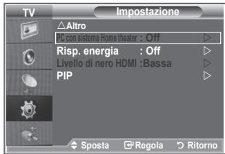 TV Impostazione Altro C con sistema Home theater : Off Risp. energia : Off Livello di nero HDMI :Bassa PIP Sposta Regola Ritorno