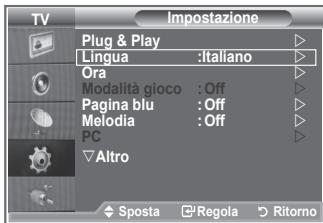 TV Plug & Play Lingua :Italiano Ora Modalità gioco : Off Pagina blu : Off Melodia : Off PC Altro ◆ Sposta □ Regola □ Ritorno