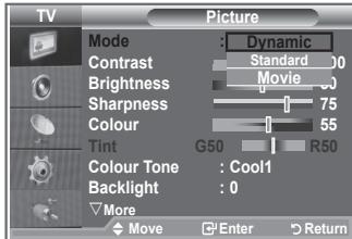 TV Picture Mode : Dynamic Contrast Standard 00 Brightness Movie Sharpness 75 Colour 55 Tint G50 R50 Colour Tone : Cool1 Backlight : 0 More Move Enter Return