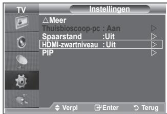 TV Instellingen △Meer Thuisbioscoop-pc : Aan Spaarstand :Uit HDMI-zwartniveau :Uit PIP Verpl Enter Terug