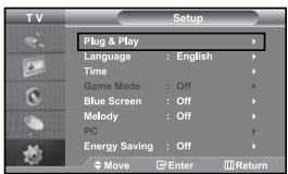 SAMSUNG LE-37S71B - When the TV is initially powered on, several basic settings proceed automatically and subsequently. The following settings are available. - 1