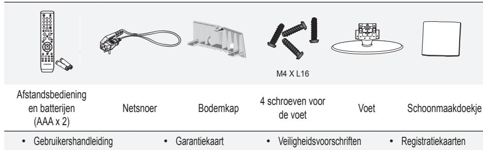 Afstandsbediening en batterijen (AAA x 2) Netsnoer Bodemkap 4 schroeven voor de voet Voet Schoonmaakdoekje • Gebruikershandleiding • Garantiekaart • Veiligheidsvoorschriften • Registratiekaarten