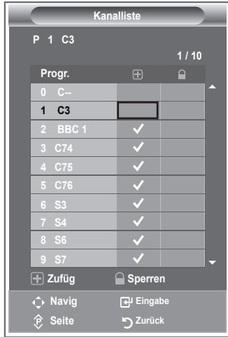 Kanalliste P 1 C3 1 / 10 Progr. 0 C-- 1 C3 2 BBC 1 ✓ 3 C74 ✓ 4 C75 ✓ 5 C76 ✓ 6 S3 ✓ 7 S4 ✓ 8 S6 ✓ 9 S7 ✓ + Zufüg Sperren ✓ Navig Eingabe ✓ Seite Zurück
