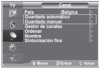 TV Canal País :Bélgica Guardado automático Guardado manual Gestor de canales Ordenar Nombre Sintonización fina Mover Enrar Volver