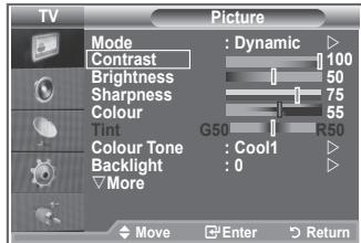 TV Picture Mode : Dynamic Contrast 100 Brightness 50 Sharpness 75 Colour 55 Tint G50 R50 Colour Tone : Cool1 Backlight 0 More Move Enter Return