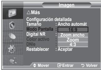 Imagen △Más Configuración detallada Tamaño : Ancho automat Modo Pantalla : 16:9 Digital NR : Zoom ancho Color activo : Zoom DNle : 4:3 Restablecer : Aéptar Mover Entrar Volver