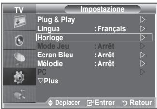 TV Plug & Play Lingua : Français Horloge Mode Jeu : Arrêt Ecran Bleu : Arrêt Mélodie : Arrêt PC Plus Déplacer Entrer Retour