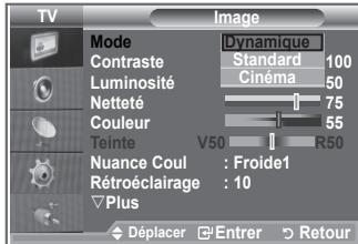 TV Image Mode Dynamique Contraste Standard 100 Luminosité Cinéma 50 Netteté 75 Couleur 55 Teinte V50 R50 Nuance Coul : Froide1 Rétroéclairage : 10 Plus Déplacer Entrer Retour