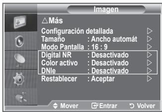 Imagen △ Más Configuración detallada Tamaño : Ancho automat Modo Pantalla : 16 : 9 Digital NR : Desactivado Color activo : Desactivado DNle : Desactivado Restablecer : Aceptar Mover Entrar Volver