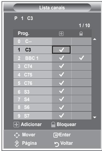Lista canais P 1 C3 1 / 10 Prog. 0 C-- 1 C3 ✓ 2 BBC 1 ✓ ✓ 3 C74 ✓ 4 C75 ✓ 5 C76 ✓ 6 S3 ✓ 7 S4 ✓ 8 S6 ✓ 9 S7 ✓ + Adicionar ○ Bloquear ○ Mover ○ Enter ◆ Página ○ Voltar