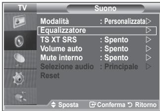 TV Suono Modalità : Personalizzata> Equalizzatore TS XT SRS : Spento Volume auto : Spento Mute interno : Spento Selezione audio : Principale Reset ◆ Sposta □ Conferma ▶ Ritorno