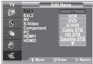 TV Ext.1 Ext.2 AV S-Video Component PC HDMI1 HDMI2 Edit Name VCR DVD D-VHS Cable STB HD STB Satellite STB Move Enter Return