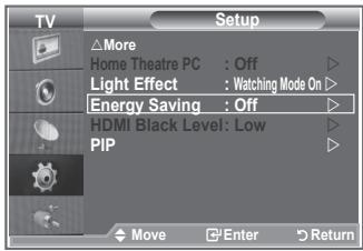 TV Setup △More Home Theatre PC : Off Light Effect : Watching Mode On Energy Saving : Off HDMI Black Level: Low PIP Move Enter Return