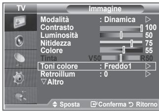TV Imagine Modalità : Dinamica Contrasto 100 Luminosità 50 Nitidezza 75 Colore 55 Tinta V50 R50 Toni colore : Freddo1 Retroillum 0 Altro Sposta Conferma Ritorno