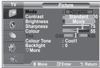 TV Picture Mode : Dynamic Contrast Standard 00 Brightness Movie 0 Sharpness 75 Colour 55 Tint G50 R50 Colour Tone Cool1 Backlight 0 More Move Enter Return