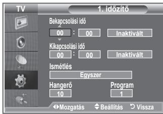 TV 1. időzítő Bekapcsolási idő 00 : 00 Inaktivált Kikapcsolási idő 00 : 00 Inaktivált Ismétlés Egyszer Hangerő 10 Program 1 Mozgatás Beállítás Vissza