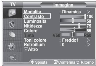 TV Imagine Modalità : Dinamica Contrasto 100 Luminosità 50 Nitidezza 75 Colore 55 Tinta V50 R50 Toni colore : Freddo1 Retroilum : 0 Altro ◆ Sposta Conferma Ritorno