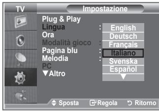 TV Plug & Play Lingua : English Ora : Deutsch Modalità gioco : Français Pagina blu : Italiano Melodia : Svenska PC : Español ▼Altro ◆ Sposta ▼ Regola ○ Ritorno