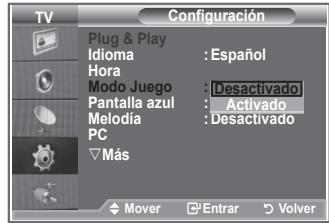 TV Configuración Plug & Play Idioma : Español Hora Modo Juego : Desactivado Pantalla azul : Activado Melodia : Desactivado PC ▼ Más Mover □ Entrar ○ Volver