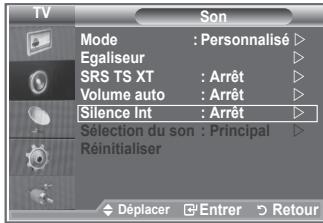 TV Son Mode : Personnalisé ▷ Egaliseur ▷ SRS TS XT : Arrêt ▷ Volume auto : Arrêt ▷ Silence Int : Arrêt ▷ Sélection du son : Principal ▷ Réinitialiser ▷ Déplacer □ Entrer ▽ Retour