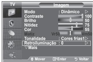 TV Imagem Modo : Dinâmico Contraste 100 Brilho 50 Nitidez 75 Cor 55 Matiz Vr50 Vm50 Tonalidade : Cores frias1 Retroiluminação : 0 Mais Mover Enter Voltar