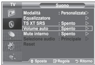TV Suono Modalità : Personalizzata Equalizzatore TS XT SRS : Spento Volume auto : Spento Mute interno : Spento Selezione audio : Principale Reset ◆ Sposta ▼ Regola ▼ Ritorno