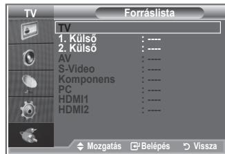 TV Forráslista TV 1. Külső .... 2. Külső .... AV .... S-Video .... Komponens .... PC .... HDMI1 .... HDMI2 .... Mozgatás Belépés Vissza