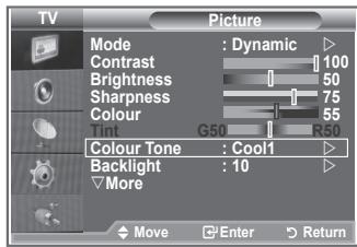 TV Picture Mode : Dynamic Contrast 100 Brightness 50 Sharpness 75 Colour 55 Tint G50 R50 Colour Tone : Cool1 Backlight : 10 More Move Enter Return
