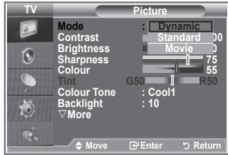 TV Picture Mode : Dynamic Contrast Standard 00 Brightness Movie 0 Sharpness 75 Colour 55 Tint G50 R50 Colour Tone : Cool1 Backlight : 10 More Move Enter Return