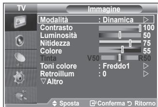 TV Imagine Modalità : Dinamica Contrasto 100 Luminosità 50 Nitidezza 75 Colore 55 Tinta V50 R50 Toni colore : Freddo1 Retroillum : 0 Altro Sposta Conferma Ritorno