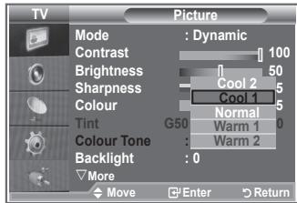 TV Picture Mode : Dynamic Contrast 100 Brightness 50 Sharpness Cool 2 5 Colour Cool 1 5 Tint G50 Normal 0 Colour Tone Warm 1 Backlight Warm 2 More 0 Move Enter Return