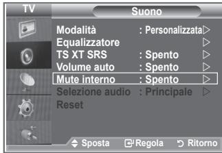 TV Suono Modalità : Personalizzata Equalizzatore TS XT SRS : Spento Volume auto : Spento Mute interno : Spento Selezione audio : Principale Reset Sposta Regola Ritorno