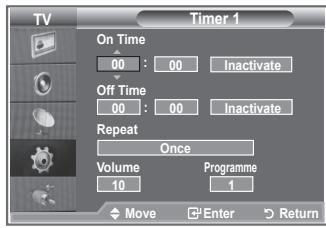 TV Timer 1 On Time 00 : 00 Inactivate Off Time 00 : 00 Inactivate Repeat Once Volume Programme 10 1 Move Enter Return
