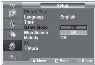TV Setup Plug & Play Language : English Time Game Mode : Off Blue Screen : On Melody : Off PC More Move Enter Return