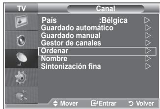 TV Canal País :Bélgica Guardado automático Guardado manual Gestor de canales Ordenar Nombre Sintonización fina Mover Entrar Volver