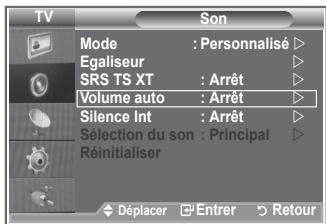 TV Son Mode : Personalisé ▷ Egaliseur ▷ SRS TS XT : Arrêt ▷ Volume auto : Arrêt ▷ Silence Int : Arrêt ▷ Sélection du son : Principal ▷ Réinitialiser ▷ Déplacer Entrer Retour