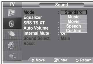 TV Sound Mode : Standard Equalizer : Music SRS TS XT : Movie Auto Volume : Speech Internal Mute : Custom Sound Select : On Reset : Main Move Enter Return