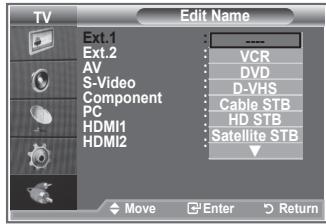 TV Ext.1 Ext.2 AV S-Video Component PC HDMI1 HDMI2 Edit Name VCR DVD D-VHS Cable STB HD STB Satellite STB Move Enter Return