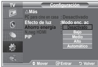 TV Más PC para cine en casa : Desactivado Efecto de luz : Modo enc. ac Ahorro energía : Desactivado N.neg HDMI : PIP Bajo Medio Alto Automático Mover Entrar Volver